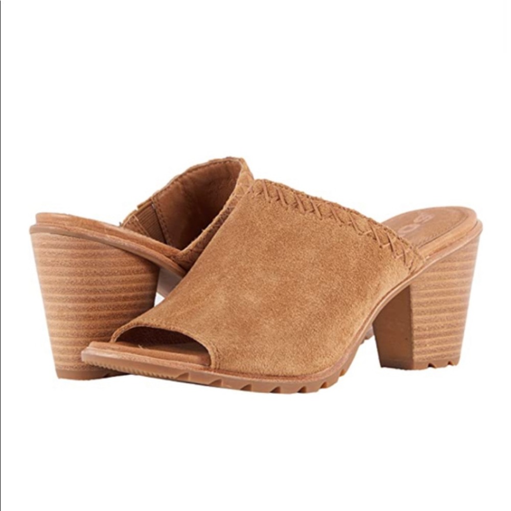 Sorel Tan Suede Peep-Toe Block Heel Mules